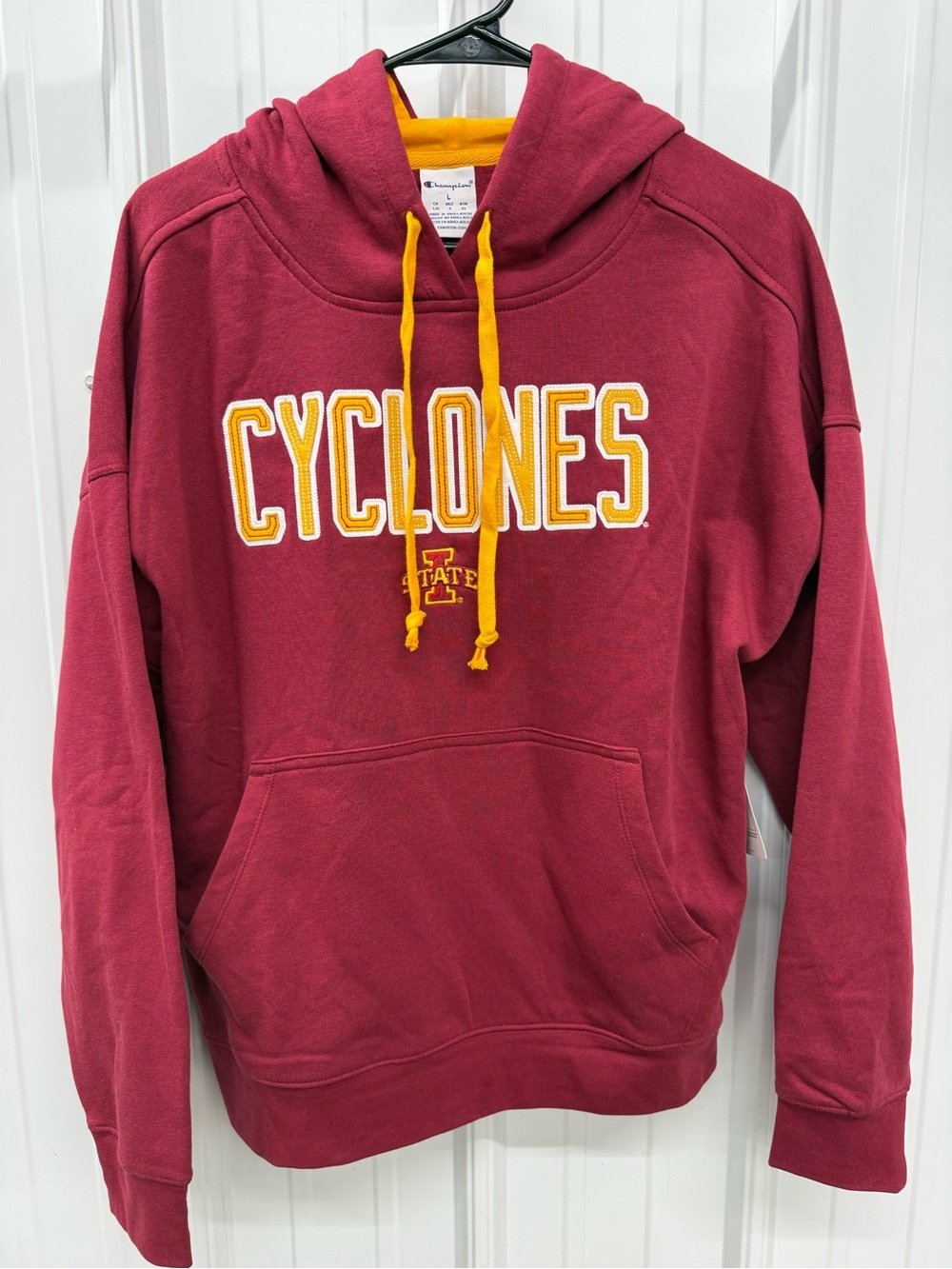 Champion Men's Maroon Crewneck Hoodie with Gold Lettering